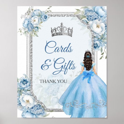 Blue Floral Silver Crown Quinceañera Kaarten & Ges Poster (Voorkant)