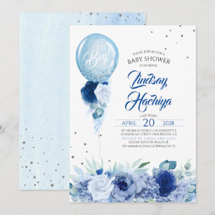 Blue Floral Silver Glitter Balloon Baby shower Kaart