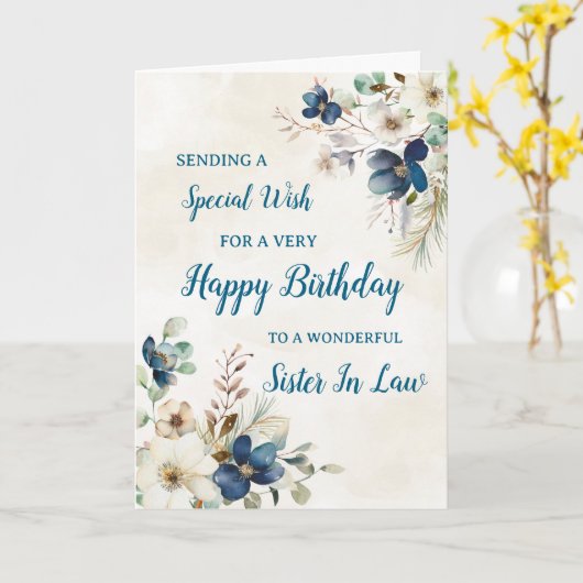 Blue Floral Sister in Law Verjaardag Kaart (Gele Bloem)