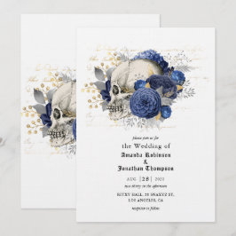 Blue Floral Skull Halloween Gothic Wedding Kaart
