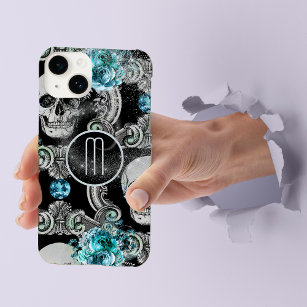 Blue Floral Skull Monogram Case-Mate iPhone 14 Hoesje
