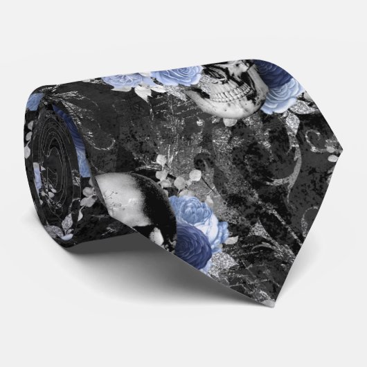 Blue Floral Skull Series Design 1 Stropdas (Opgerold)