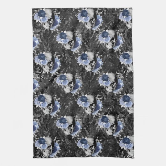 Blue Floral Skull Series Design 1 Theedoek (Verticaal)