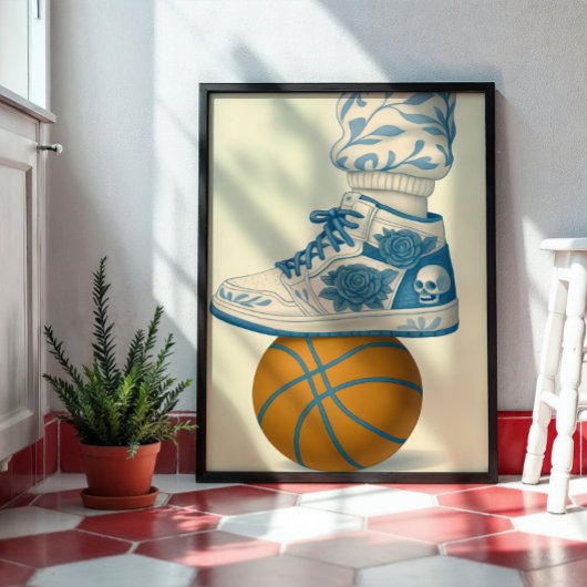 Blue Floral Skull Sneaker op Basketbal Poster
