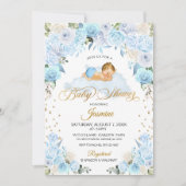 Blue Floral Sleeping Baby shower Invitation Kaart (Voorkant)