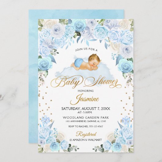 Blue Floral Sleeping Baby shower Invitation Kaart (Voorkant / Achterkant)