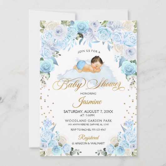 Blue Floral Sleeping Baby shower Invitation Kaart (Voorkant)
