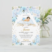 Blue Floral Sleeping Baby shower Invitation Kaart (Staand voorkant)