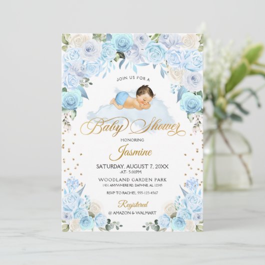 Blue Floral Sleeping Baby shower Invitation Kaart (Staand voorkant)