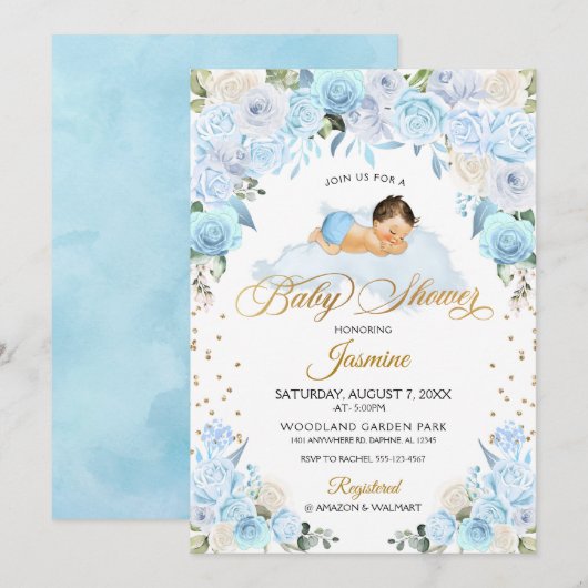 Blue Floral Sleeping Baby shower Invitation Kaart (Voorkant / Achterkant)