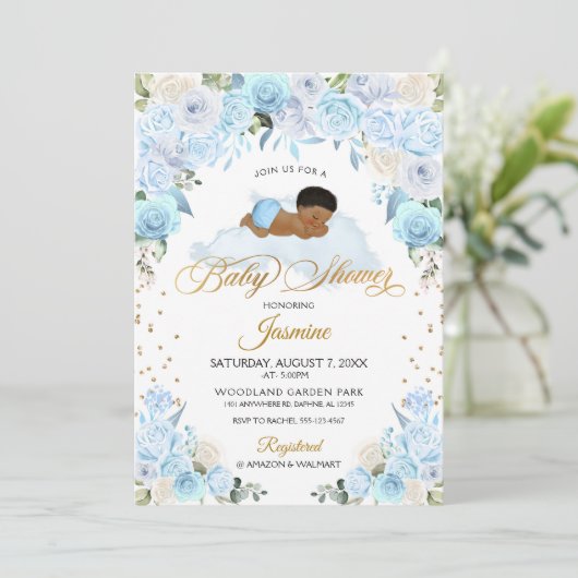 Blue Floral Sleeping Baby shower Invitation Kaart (Staand voorkant)