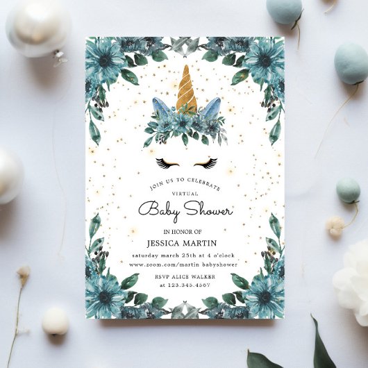 Blue Floral Sleepy Unicorn Virtual Baby shower Kaart