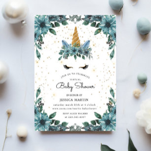 Blue Floral Sleepy Unicorn Virtual Baby shower Kaart