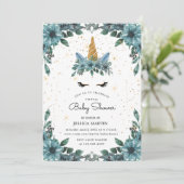 Blue Floral Sleepy Unicorn Virtual Baby shower Kaart (Staand voorkant)