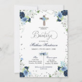 Blue Floral Spain Bautizo Invitacion Kaart (Voorkant)