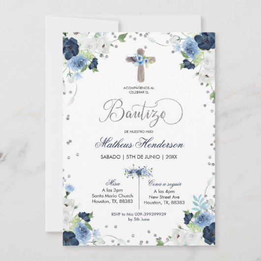 Blue Floral Spain Bautizo Invitacion Kaart (Voorkant)