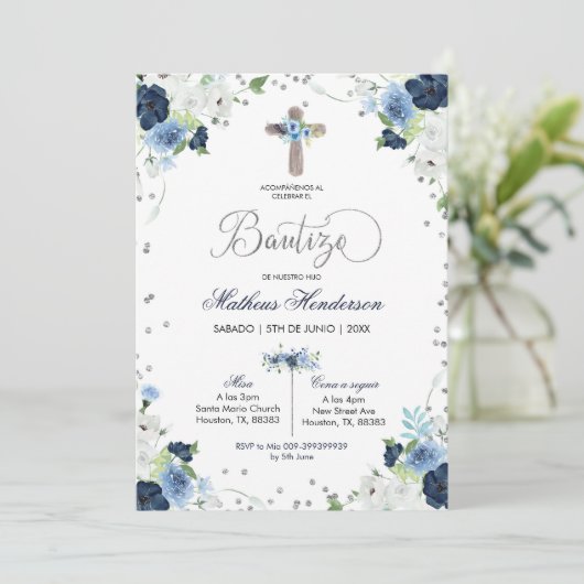 Blue Floral Spain Bautizo Invitacion Kaart (Staand voorkant)
