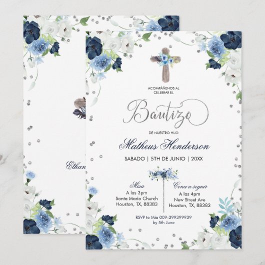 Blue Floral Spain Bautizo Invitacion Kaart (Voorkant / Achterkant)
