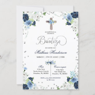 Blue Floral Spain Bautizo Invitacion Kaart