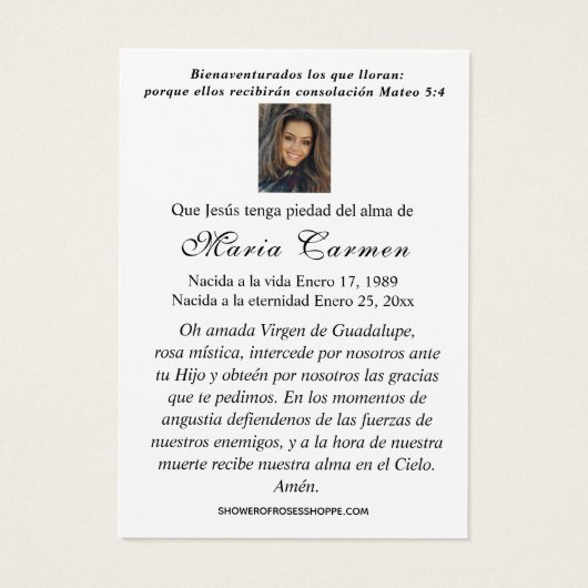 Blue Floral Spain Funeral Prayer Visitekaartje (Achterkant)