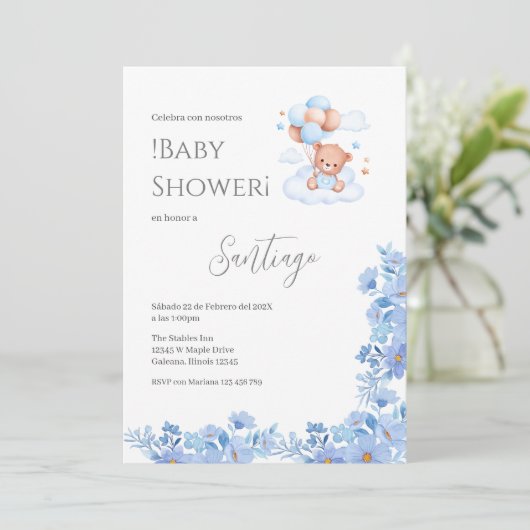 Blue floral Spanish Baby Shower Boy invitation Kaart (Staand voorkant)