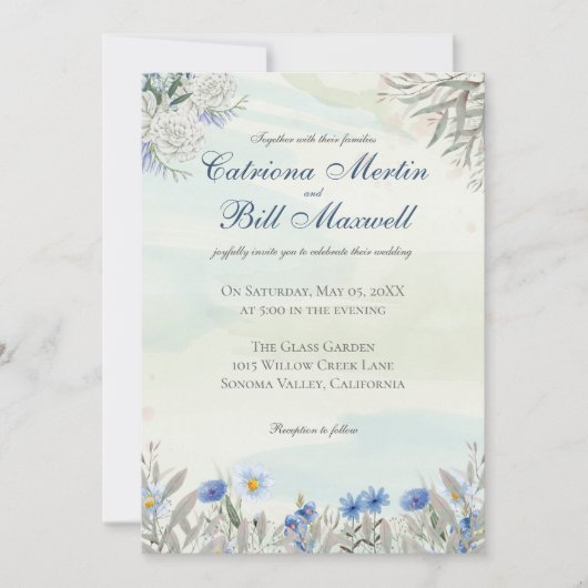 Blue Floral Spring Garden Wedding Invitation Kaart (Voorkant)