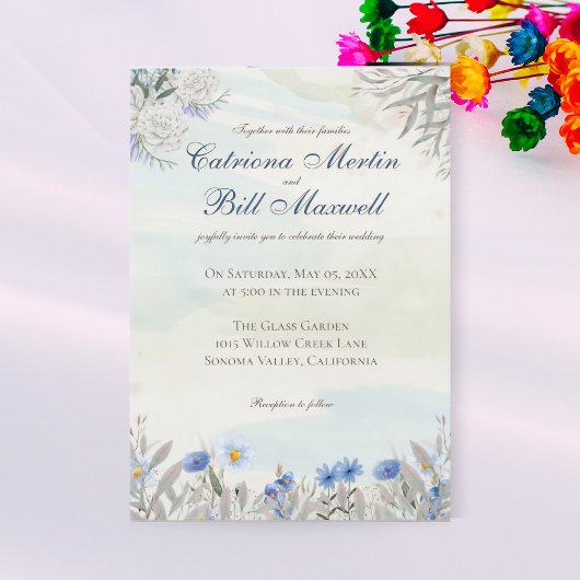 Blue Floral Spring Garden Wedding Invitation Kaart