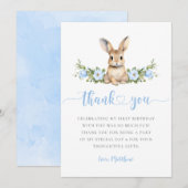 Blue Floral Spring Rabbit Some Bunny 1st Birthday Bedankkaart (Voorkant / Achterkant)