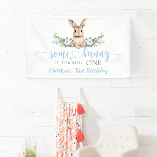 Blue Floral Spring Rabbit Some Bunny 1st Birthday Spandoek (Insitu)