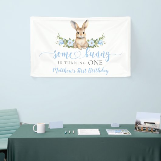 Blue Floral Spring Rabbit Some Bunny 1st Birthday Spandoek (Beurs)