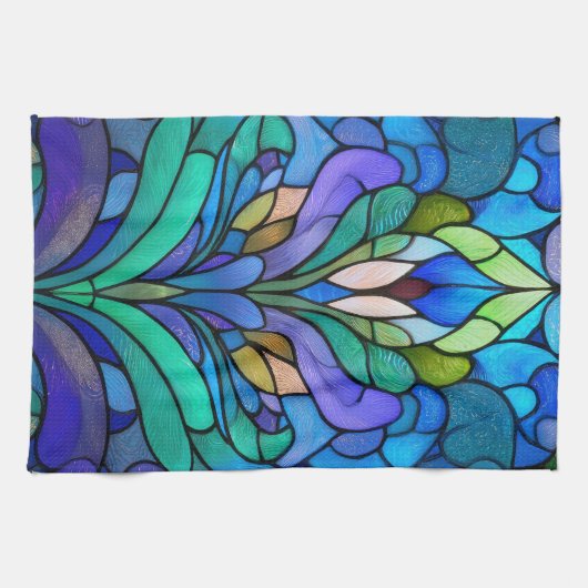 Blue floral stained glass theedoek (Horizontaal)