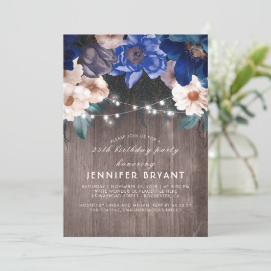 Blue Floral String Lights Rustiek Verjaardagsfeest Kaart (Staand voorkant)