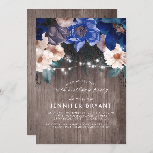 Blue Floral String Lights Rustiek Verjaardagsfeest Kaart (Voorkant / Achterkant)