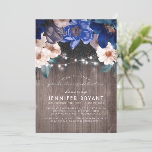 Blue Floral String Lights Rustieke Graduation Part Kaart (Staand voorkant)