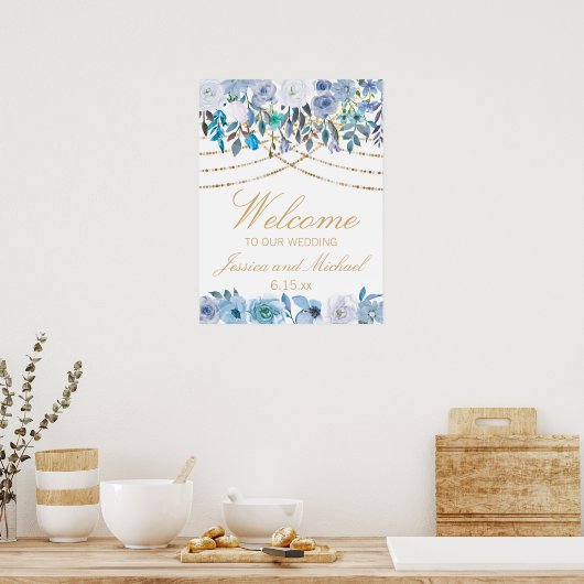 Blue Floral String Lights White Wedding Welcome Poster (Keuken)