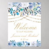 Blue Floral String Lights White Wedding Welcome Poster (Voorkant)
