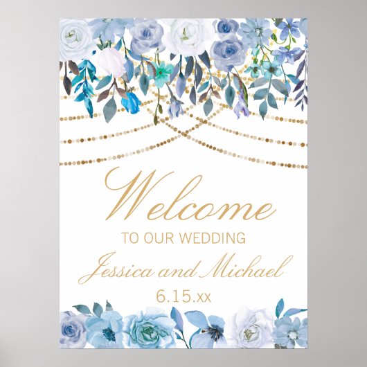 Blue Floral String Lights White Wedding Welcome Poster (Voorkant)