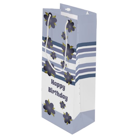 Blue Floral Stripe Gift Bag Wijn Cadeautas (Voorkant Gekanteld)
