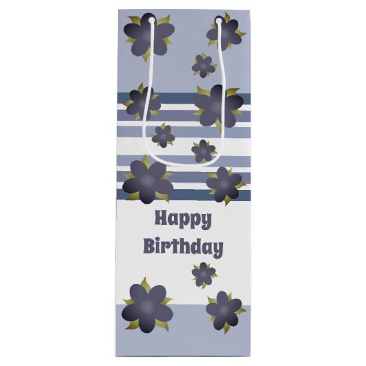 Blue Floral Stripe Gift Bag Wijn Cadeautas (Voorkant)