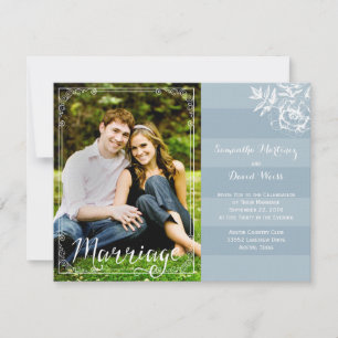 Blue Floral Stripe Wedding Invitation Kaart