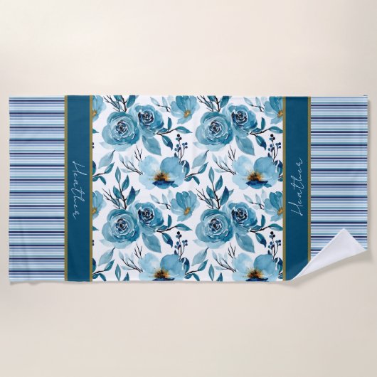  Blue Floral Striped Personalized Strandlaken (Voorkant)