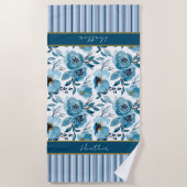  Blue Floral Striped Personalized Strandlaken (Voorkant)