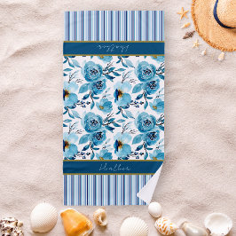  Blue Floral Striped Personalized Strandlaken