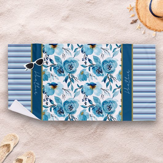 Blue Floral Striped Personalized Strandlaken