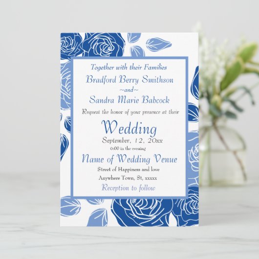Blue Floral Stylish Roos Chic Simple Wedding Kaart (Staand voorkant)