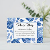 Blue Floral Stylish Roos Chic Simple Wedding RSVP Kaartje (Staand voorkant)