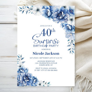 Blue Floral Surprise 40ste verjaardagsfeestje Kaart
