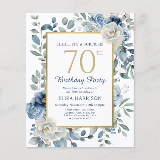 Blue Floral Surprise 70e budgetuitnodiging (Voorkant)