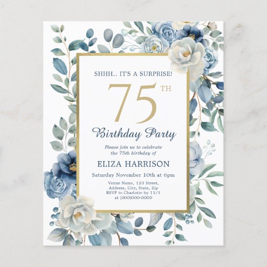 Blue Floral Surprise 75e budgetuitnodiging (Voorkant)