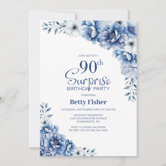 Blue Floral Surprise 90ste verjaardagsfeestje Kaart (Voorkant)